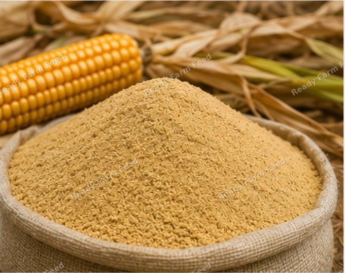 Maize cob beside a sack of freshly milled Ready Farm Feed
